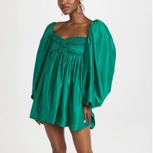 AZEEZA Rey silk puff sleeve mini dress in forest green NWT